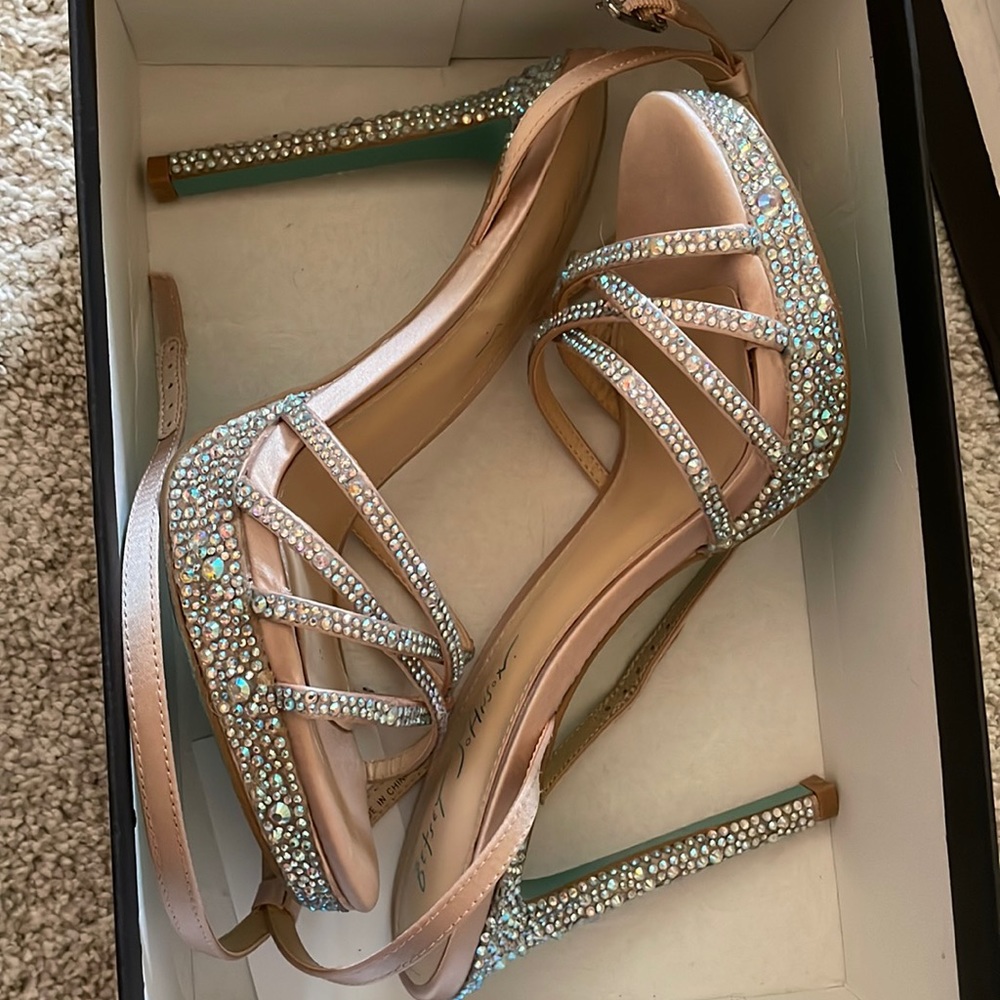 Betsey Johnson Rose Gold Crystal Strappy Platform Sandals